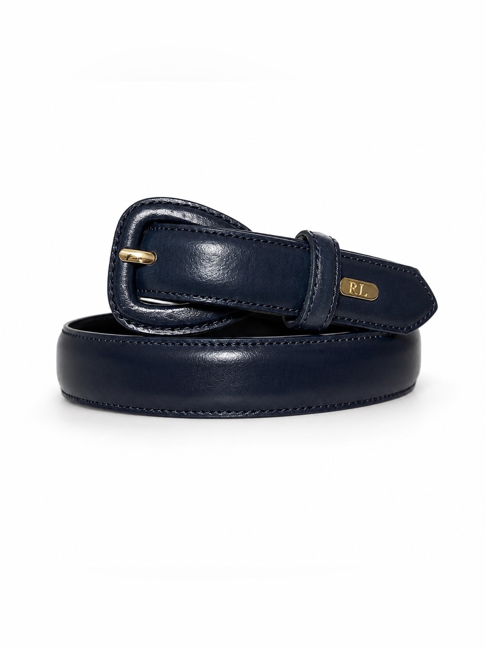 Vintage Lauren Ralph Lauren Navy Leather Belt RL Logo Gold Buckle Small Y2K